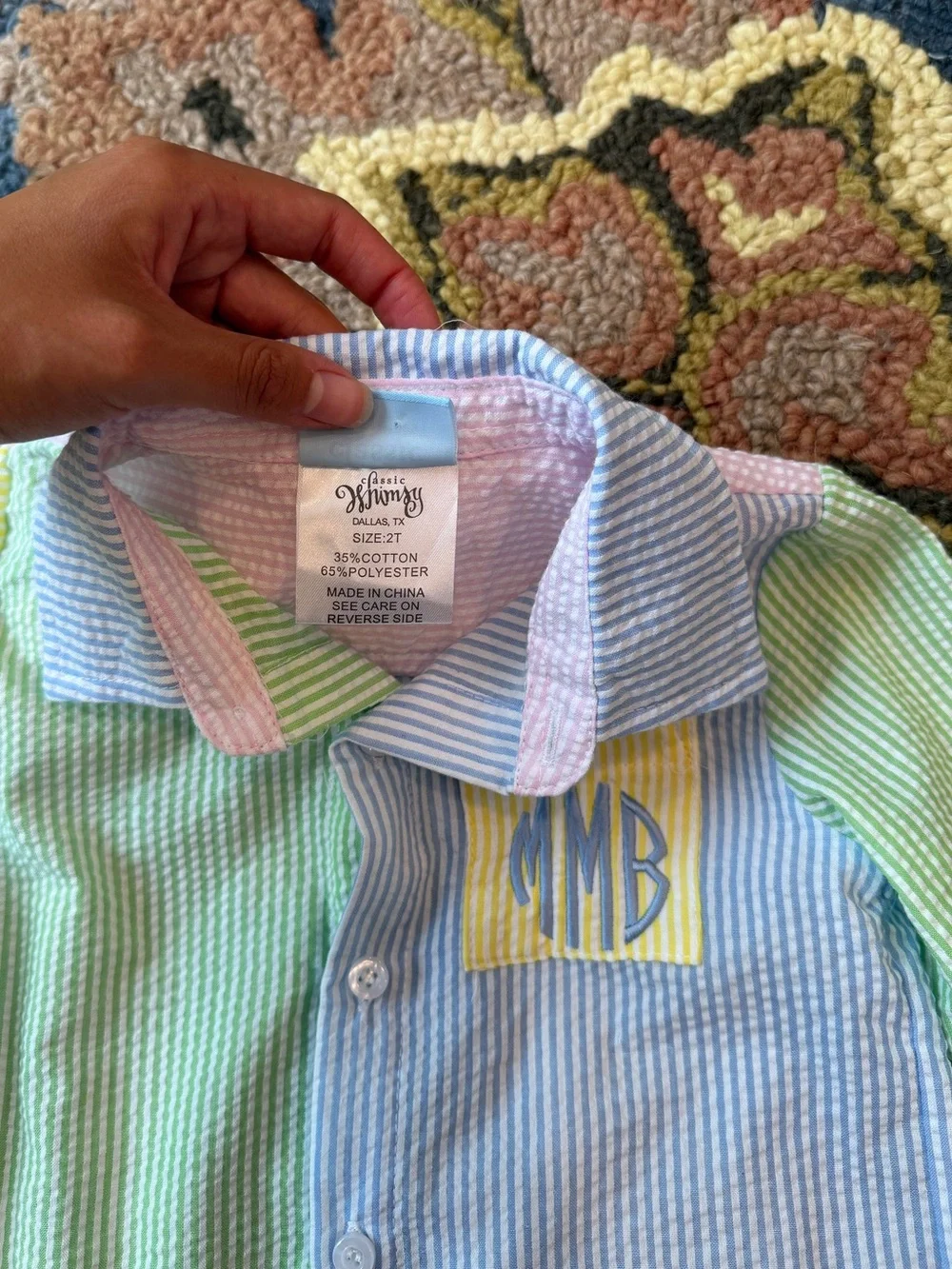 Classic Whimsy Monogram Pastel Seersucker Button-Down Shirt for Kids MBM